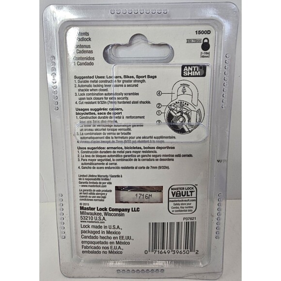 Combination Master Lock 1500D‎ Padlock For Lockers 3/4" with Anti-Shim 1716M - Picture 2 of 2